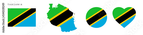 Tanzania flag icon set. Tanzanian pennant in official colors and proportions. Rectangular, map-shaped, circle and heart-shaped. Flat vector illustration isolated on white.