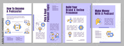 Podcaster tips for beginner purple brochure template. Digital content. Leaflet design with linear icons. Editable 4 vector layouts for presentation, annual reports. Anton, Lato-Regular fonts used