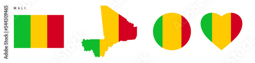 Mali flag icon set. Malian pennant in official colors and proportions. Rectangular, map-shaped, circle and heart-shaped. Flat vector illustration isolated on white.