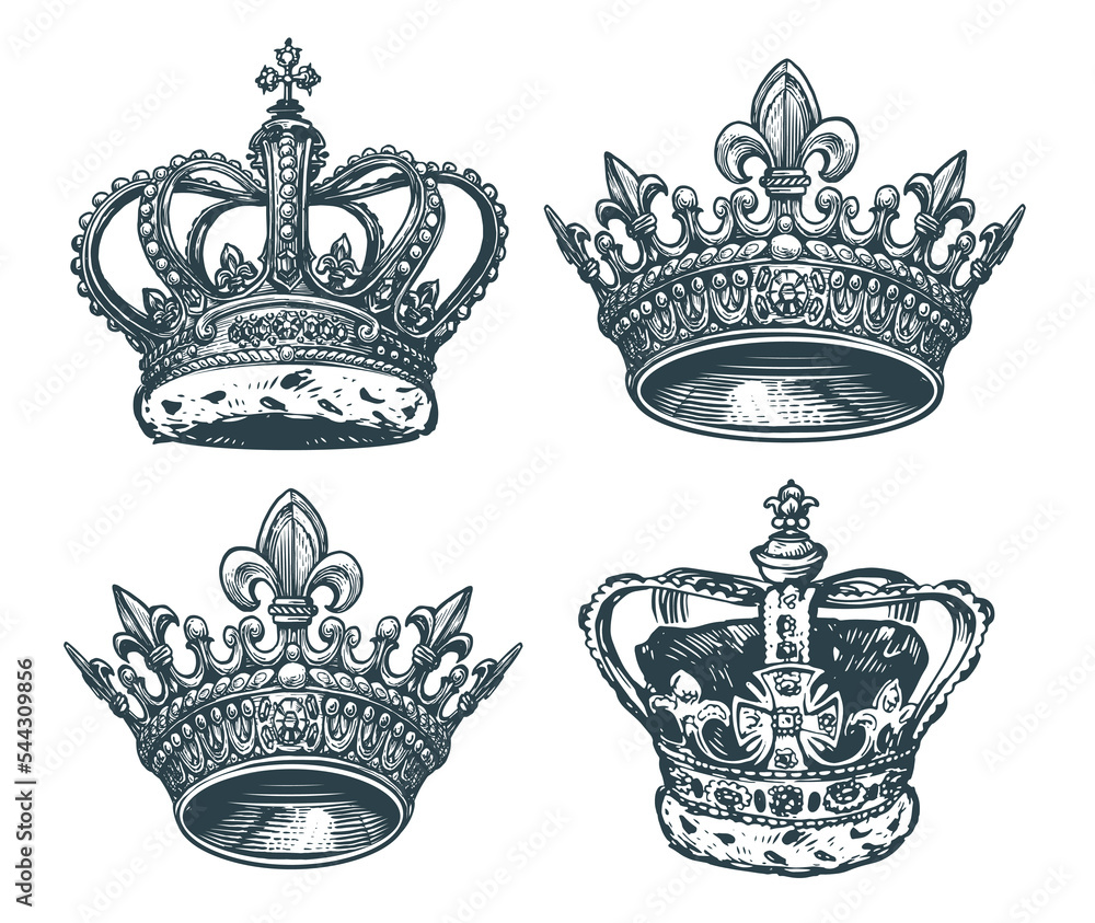 Royal golden crown with gems. King, queen symbol. Hand drawn sketch ...