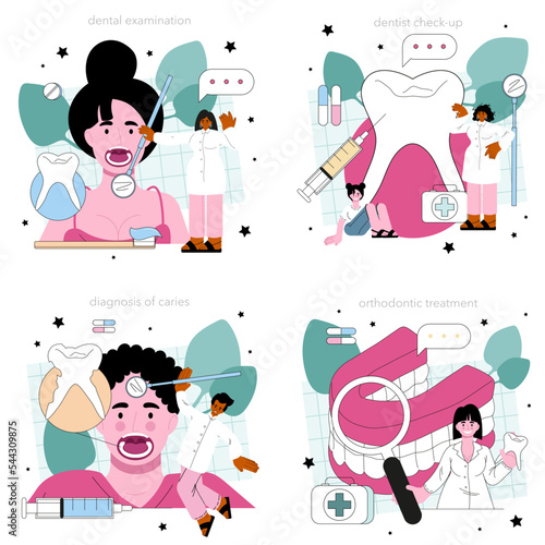 Dentist concept set. Dental doctor in uniform treating human teeth using