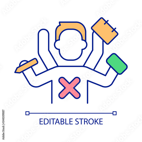 Avoid multitasking RGB color icon. Increase productivity. Reduce distraction. Time management. Isolated vector illustration. Simple filled line drawing. Editable stroke. Arial font used
