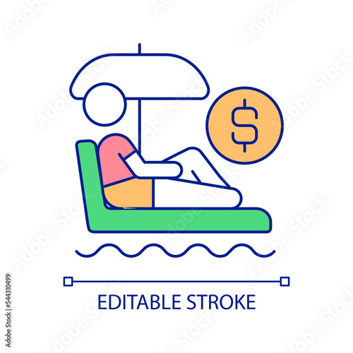 Paid leave RGB color icon. Annual vacation. Holiday entitlement. Employee time off. Passive income. Isolated vector illustration. Simple filled line drawing. Editable stroke. Arial font used