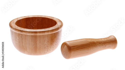 Konstfotografi Wooden bamboo mortar with pestle isolated on white background.