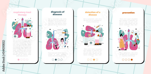 Pulmonologist mobile application banner set. Pulmonary system