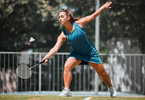 Fotografía Sports, badminton and woman play game, fitness competition and practice match for outdoor tournament