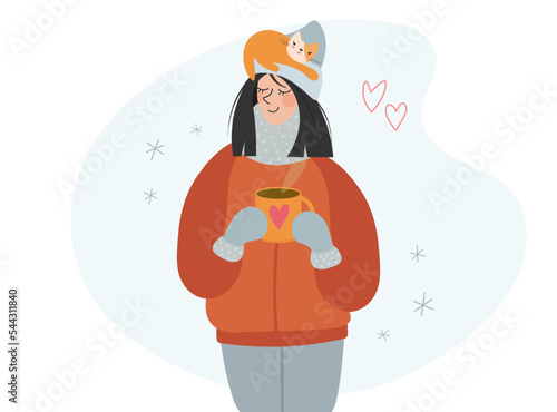 Girl with a kitten on her head and a cup of coffee. Vector illustration of a young woman with a ginger kitten. Cute print with walking friends. Winter, snowflakes, hearts, love. Greeting card design.