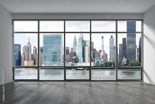 Midtown New York City Manhattan Skyline Buildings Window Background. Expensive Real Estate. Empty room Interior Skyscrapers View Cityscape. East Side United Nations Headquarters. 3d rendering