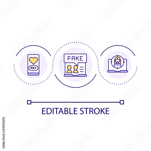 Fake online dating loop concept icon. Romance fraud. Love scam. Digital security. Blackmail abstract idea thin line illustration. Isolated outline drawing. Editable stroke. Arial font used
