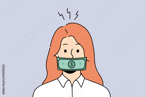 Woman with dollar banknote on mouth get bribe. Female with money covering face engaged in corruption and bribery. Vector illustration. 