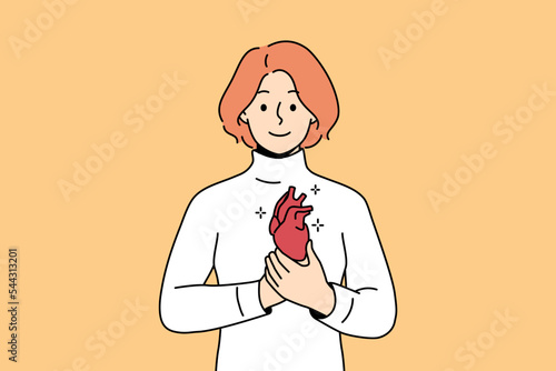 Smiling young man holding heart in hands. Happy female demonstrate healthy heart. Cardiovascular problem and healthcare. Vector illustration. 