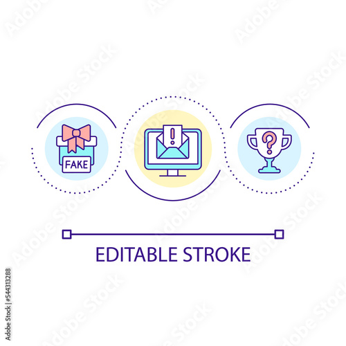 Avoid fake prizes loop concept icon. Lure victim. Confidence trick. Digital fraud. Cyber scam abstract idea thin line illustration. Isolated outline drawing. Editable stroke. Arial font used