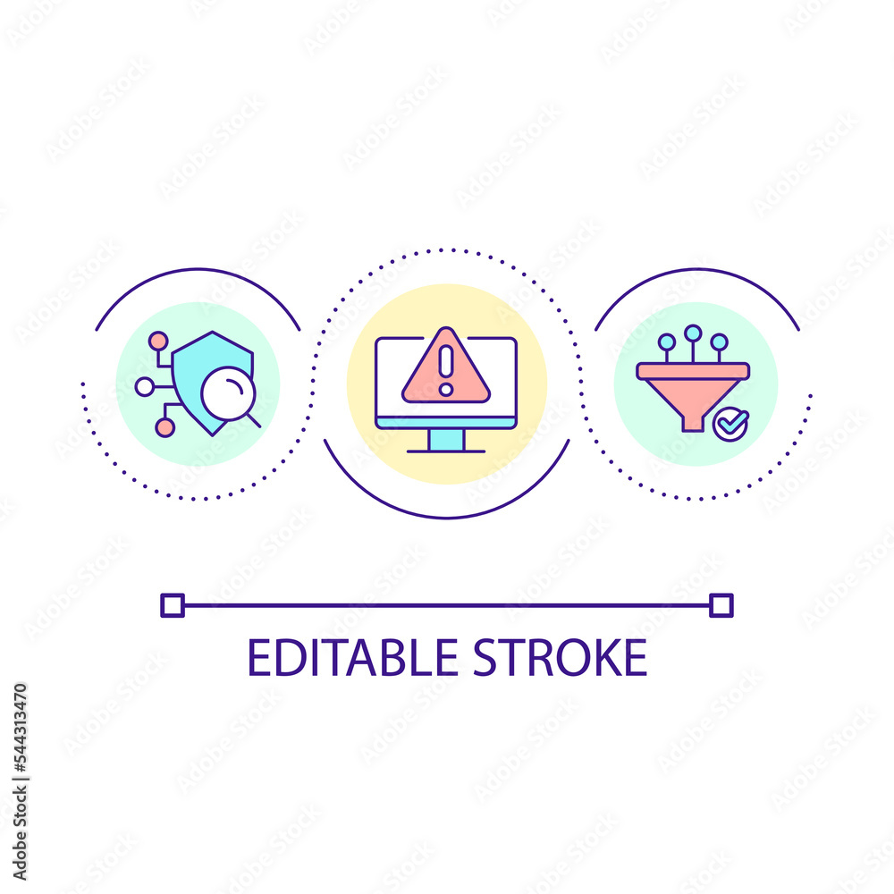 Identify digital problem loop concept icon. Check device security. Awareness of risk. Protection abstract idea thin line illustration. Isolated outline drawing. Editable stroke. Arial font used