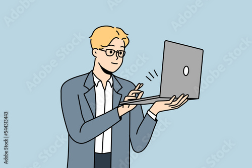 Smiling young man in formal wear working on laptop. Happy businessman busy online on computer. Vector illustration. 
