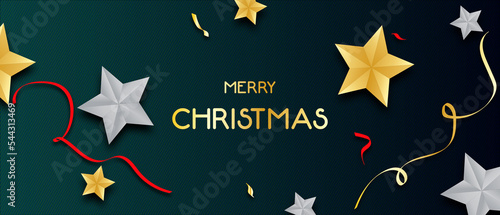 Christmas greetings banner with swirl ribbons and stars on green colour background