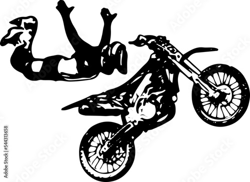 Bike rider doing stunt in air vector illustration, bike stunt man jumping in air with bike silhouette, bike rider logo and symbol