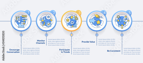 Social engagement best practices circle infographic template. Involvement. Data visualization with 5 steps. Editable timeline info chart. Workflow layout with line icons. Lato Bold, Regular fonts used