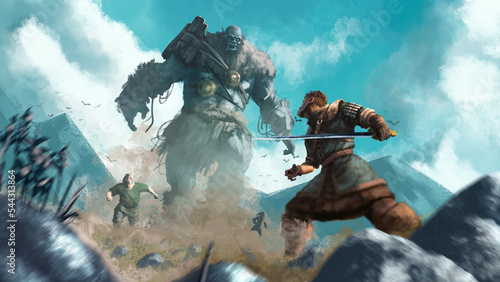 The mountain giant is attacking people. Hero with a sword preparing for battle. 2d illustration