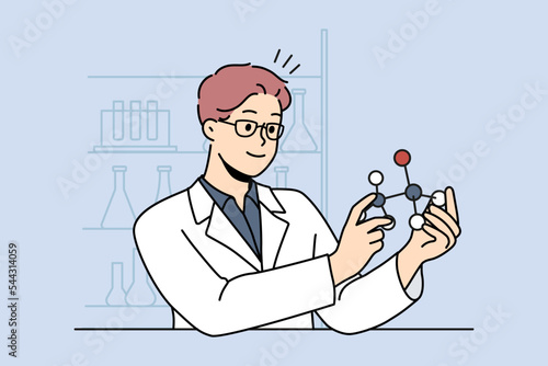 Smiling male scientist working with atom model in laboratory. Happy man researcher in uniform busy in lab. Science and biotechnology. Vector illustration. 