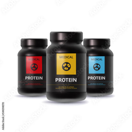 Mockup Banks black Protein sports 3d container. Amino acids Round pack for muscle training. Realistic cylindrical jar with vitamins.