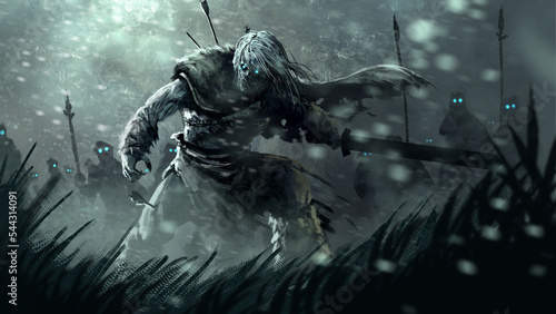 Photography An undead warrior with a sword leads an army of the dead in the midst of a snow storm