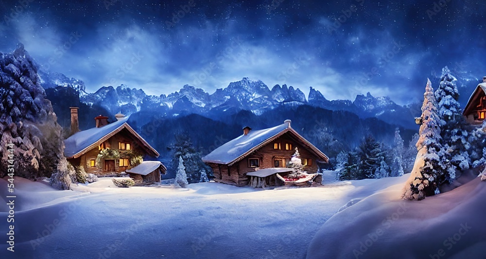 Snow-covered landscape with chalet houses, in the foothills of the Alps.