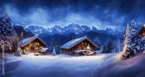 Snow-covered landscape with chalet houses, in the foothills of the Alps. © Korney