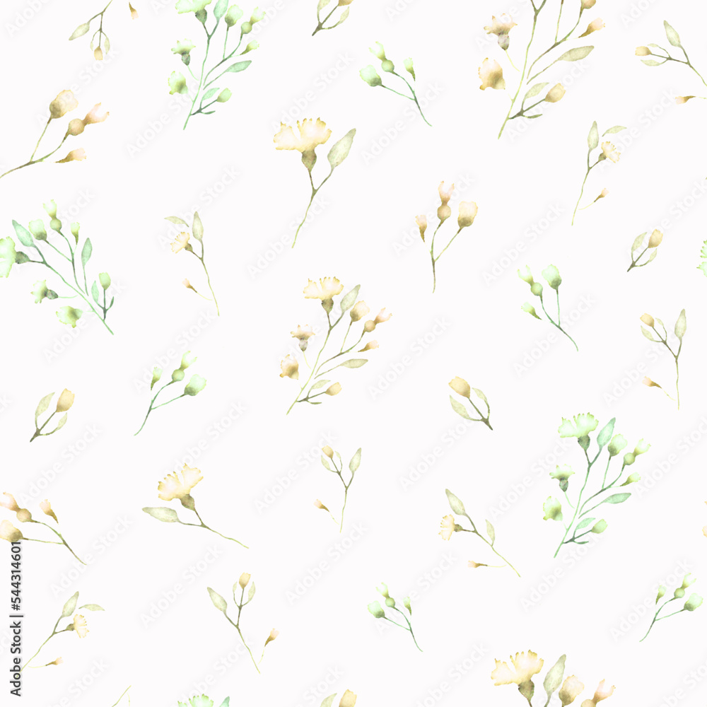 Watercolor seamless pattern with abstract yellow  flowers, green leaves, branches. Hand drawn floral illustration isolated on light  background. For packaging, wrapping design or print.