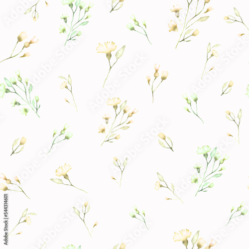 Watercolor seamless pattern with abstract yellow  flowers  green leaves  branches. Hand drawn floral illustration isolated on light  background. For packaging  wrapping design or print.