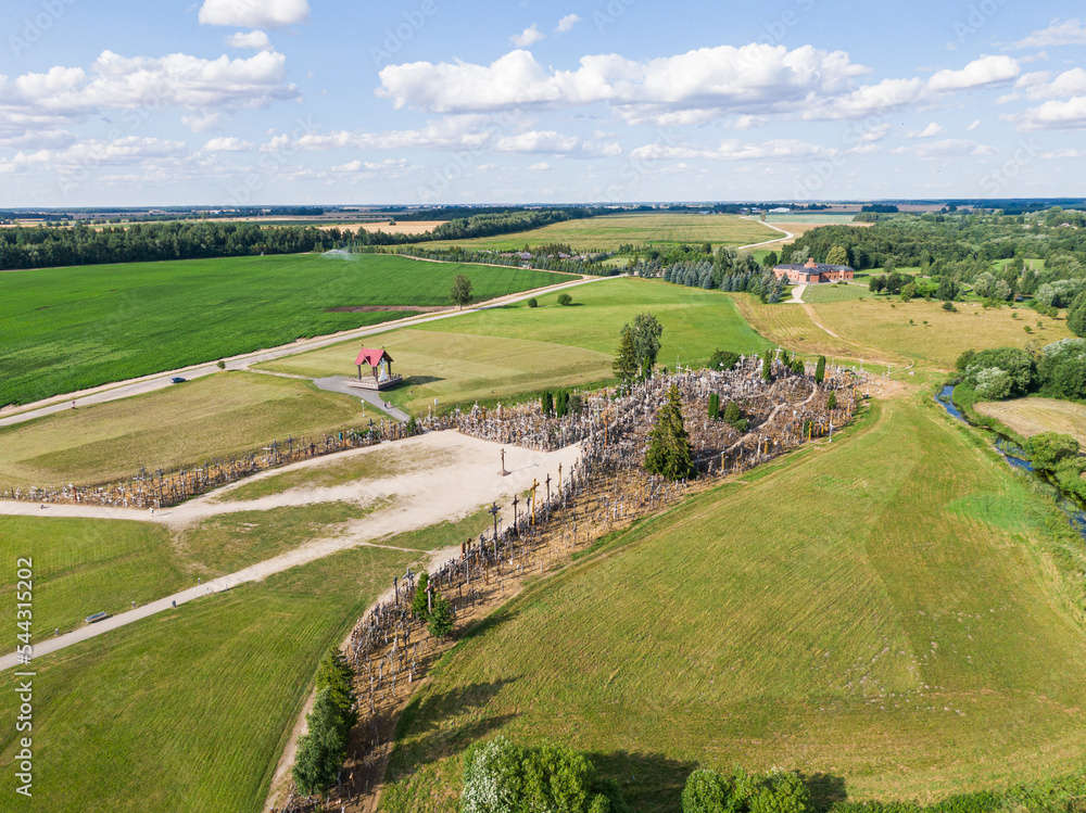 Obraz premium An aerial view of the Hill of Crosses in Lithuania.