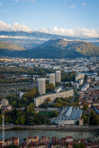 Fototapeta Naklejka Na Ścianę i Meble -  Grenoble France 11 2021 view of Grenoble from the heights of the Bastille, the city is known for its cable car which is nicknamed 