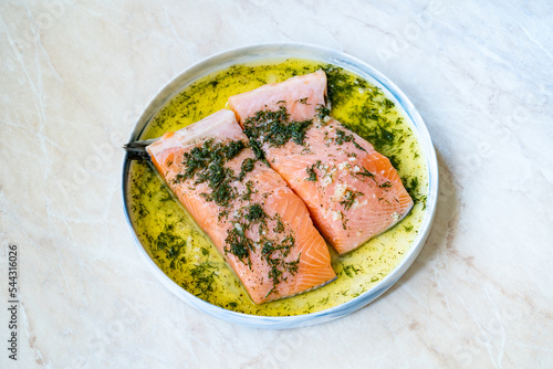 Marinated Raw Salmon with Dill and Olive Oil. photo