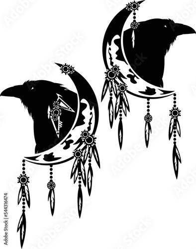witch raven bird head and moon crescent decorated with tribal ornament - esoteric spiritual black and white vector design set