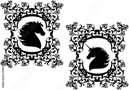 beautiful fairy tale unicorn horse profile head - black and white vector silhouette portrait of animal among rose flowers decor