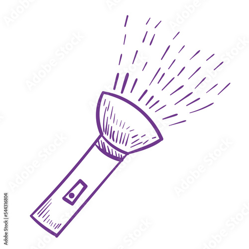 Purple doodle flashlight. Led tool line art on white background.