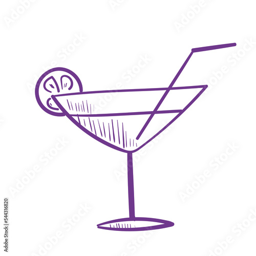 Doodle purple glass with lemon. Drink lineart icon on white background.