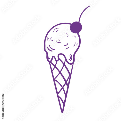 Doodle purple ice cream with cherry. Tasty food line art on white background.