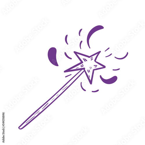 Doodle magic wand. Miracle purple icon. Line art on white background
