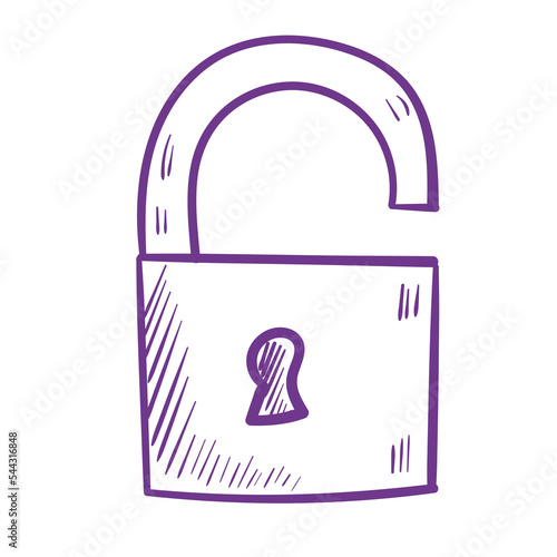 Doodle purple padlock with keyhole. Lineart on white background.