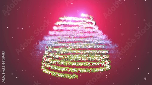 Light streaks shaped a Christmas tree on a red background. Abstract Xmas tree animation. Winter holiday 4k video background.