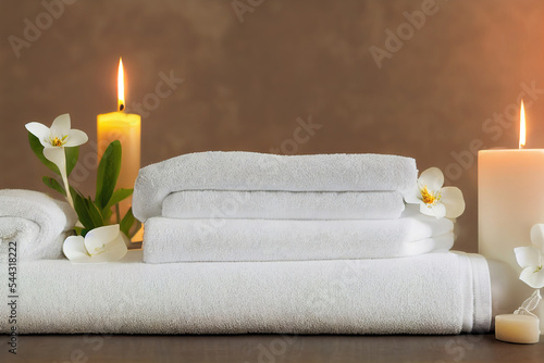 zen massage spa still life with candles and orchid and towels as lifestyle background