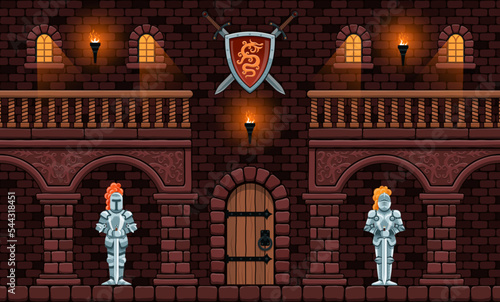 Medieval castle inside. Door in the interior of the castle. Knight armour. Coat of arms with shield and swords on the wall.