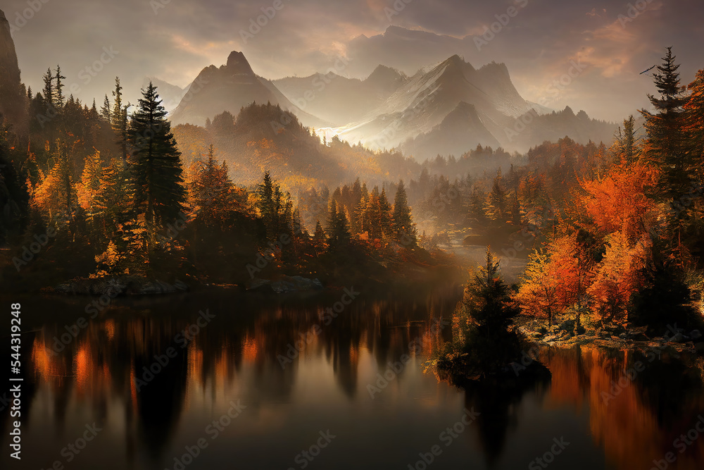 AI generated image of a beautiful landscape with autumn forest, a lake and hills	
