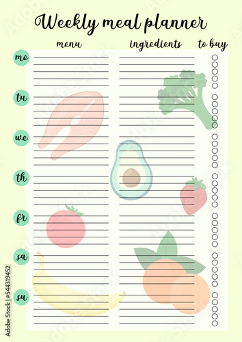 Weekly meal planner printable page. Vector template of daily cooking plan and shopping list. Illustration with food on background