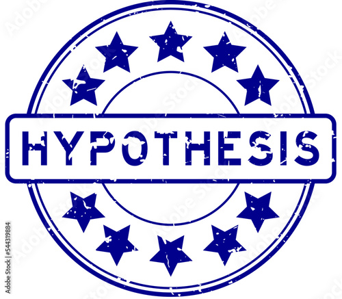 Grunge blue hypothesis word with star icon round rubber seal stamp on white background