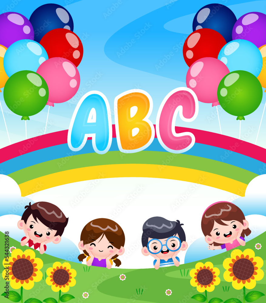 Children Lying Down In The Garden With Rainbow Children Lying Down In The Garden With Rainbow