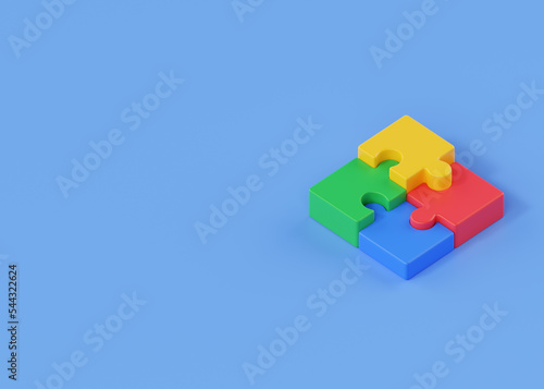 Puzzle 3d render icon - team connect concept, partnership illustration and cartoon jigsaw pieces