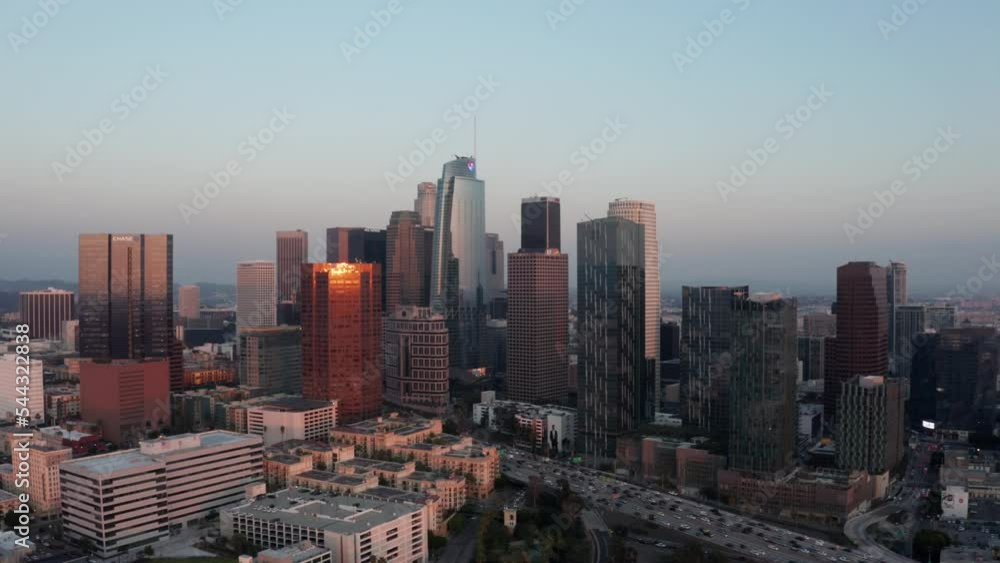 Dynamic panning shot of DTLA skyline during sunset. right to left Dynamic panning shot of DTLA skyline during sunset. right to left