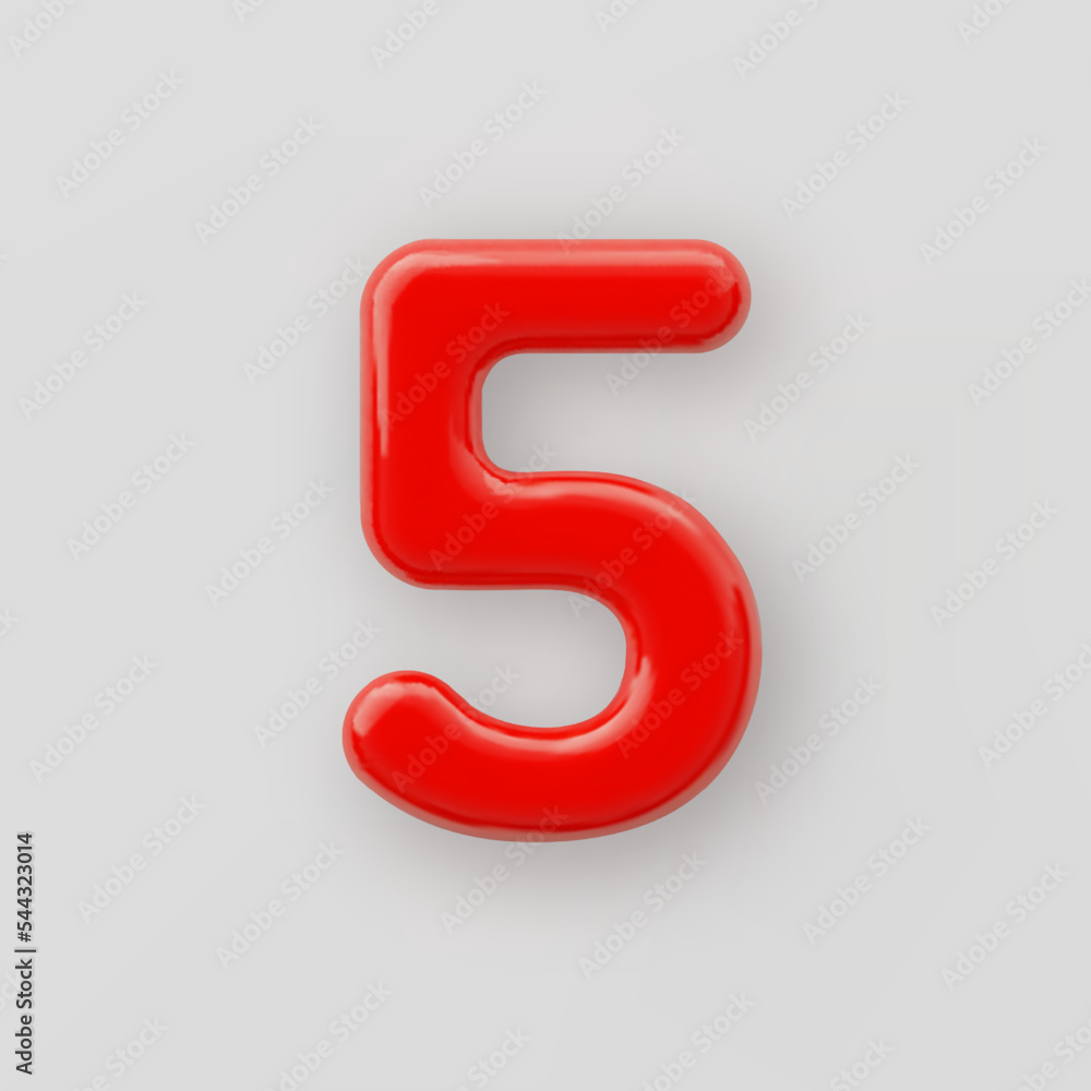 3D Red plastic number 5 with a glossy surface on a gray background. 3D Red plastic number 5 with a glossy surface on a gray background.