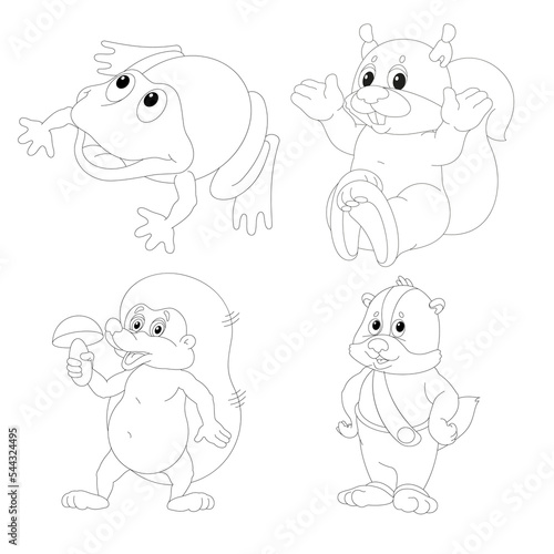 Animals. Black and white image, frog, chipmunk, hedgehog, squirrel. Coloring book for children, vector image. Linear drawing.